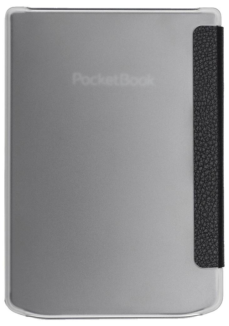 Sivý PocketBook čítačka v čiernom textúrovanom ochrannom obale, zobrazená zatvorená a čelom dopredu.