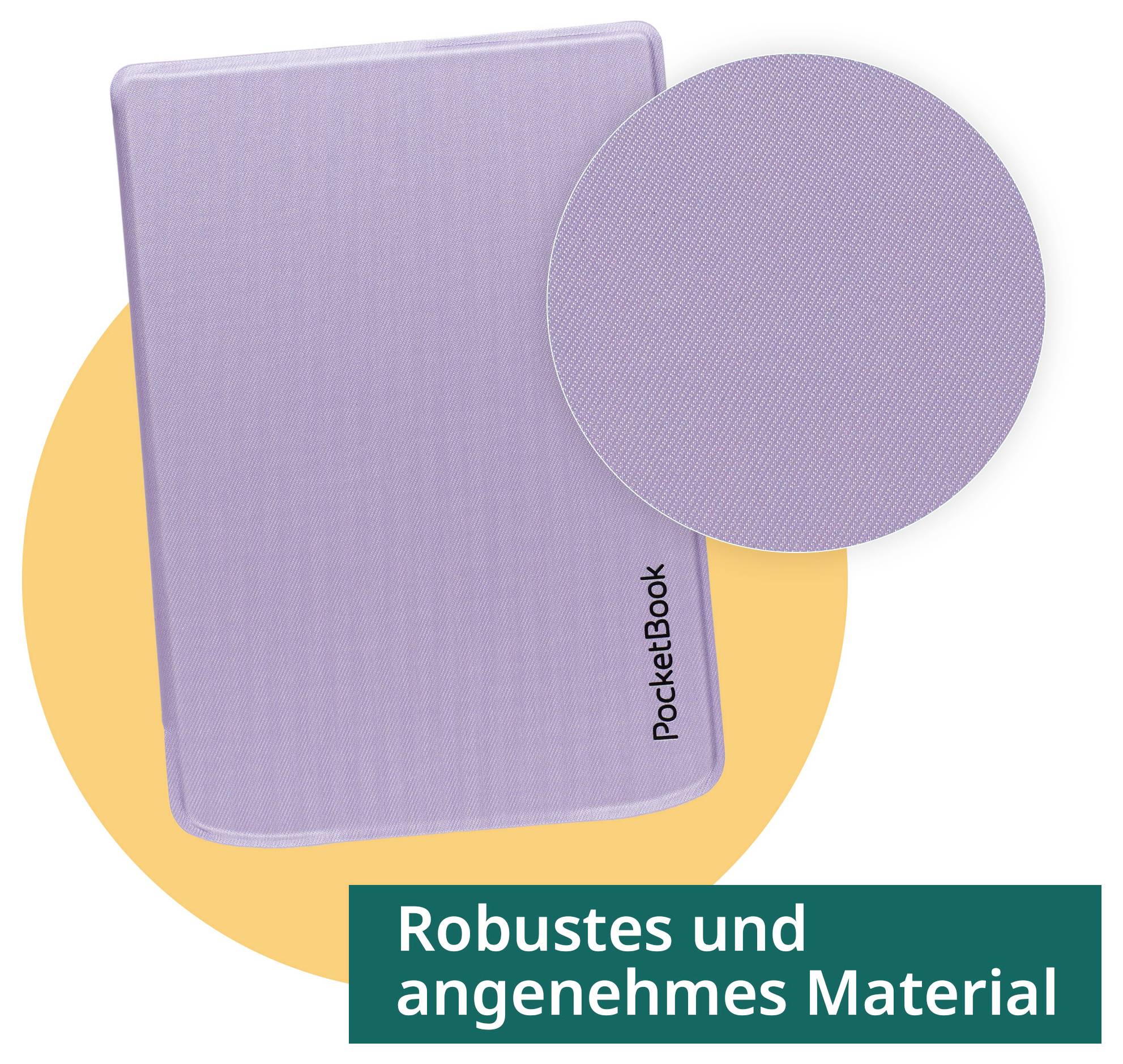 Purple PocketBook e-reader zobrazený s detailným zoomom na textúru a nemeckým titulkom "Robustes und angenehmes Material" (Robustný a príjemný materiál) zdôrazňujúci odolný, príjemný materiál.