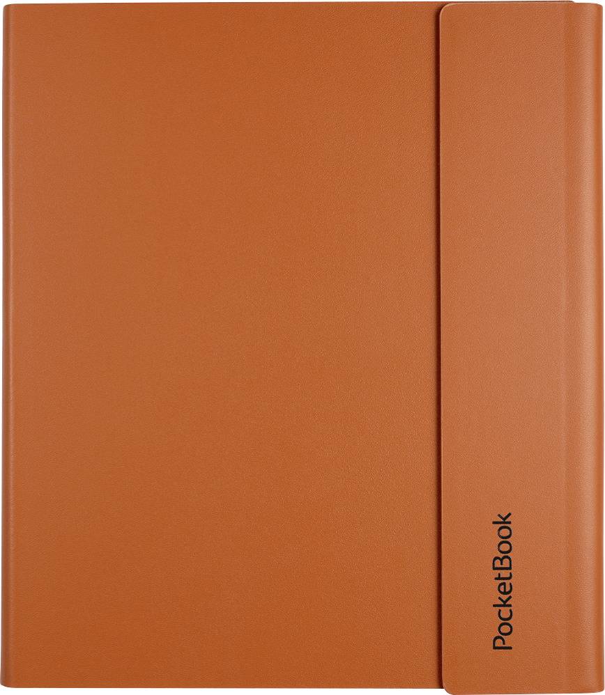 Oranžový obal alebo puzdro na e-čítačku PocketBook s logom „PocketBook" vytlačeným vertikálne na pravej strane.