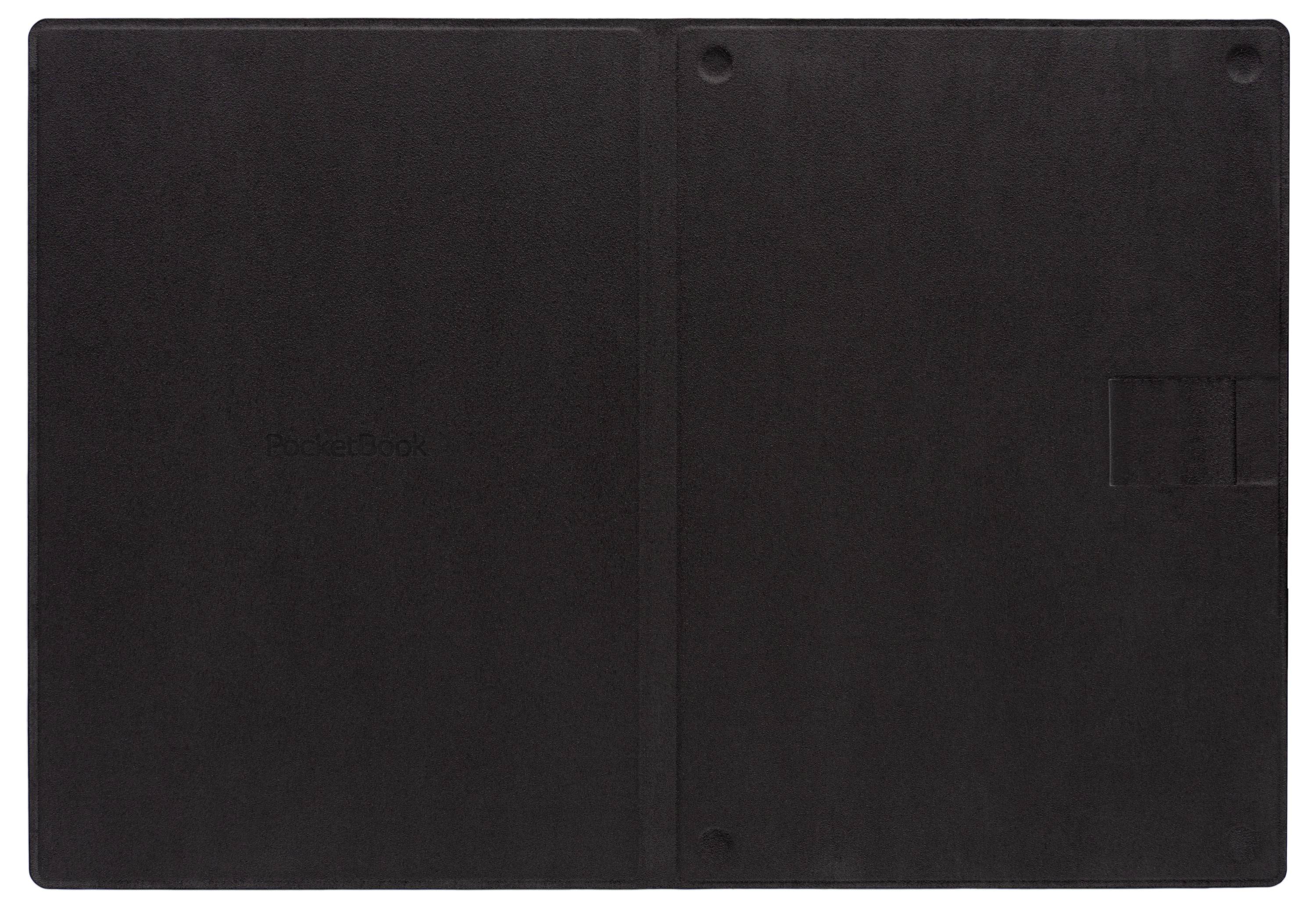 Zatvorené čierne puzdro na notebook alebo tablet zobrazené zozadu, s centrálnym závesom a malým otvorom pre fotoaparát.