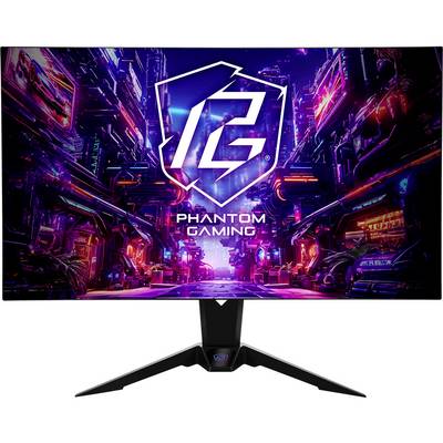 Herný monitor zobrazujúci logo Phantom Gaming nad neon kybernetickým mestským scenárom, s čiernym V-tvarovaným stojanom na bielom pozadí.