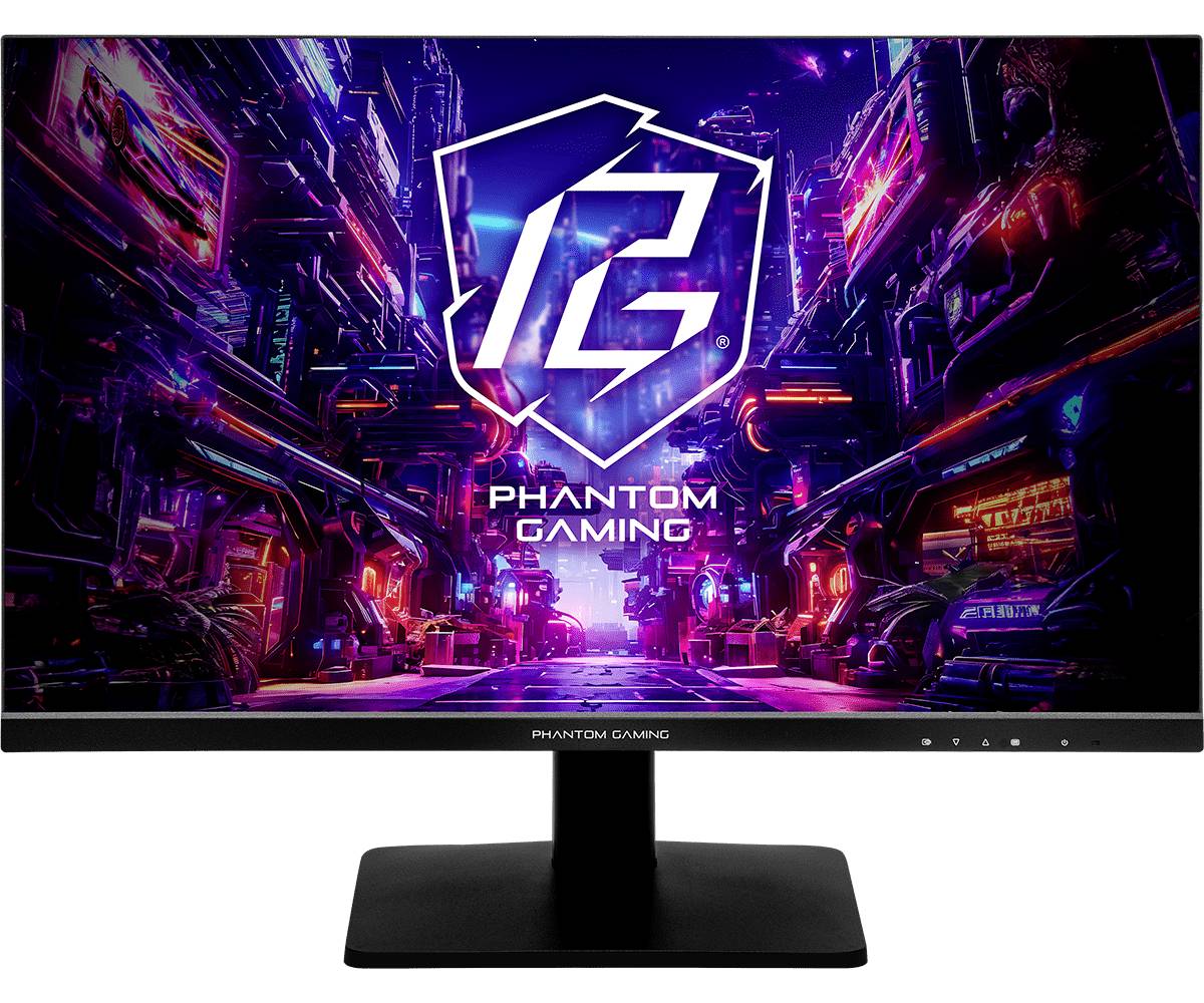 Monitor Phantom Gaming zobrazujúci scene z neónového cyberpunkovú mesto s logom „PG" a textom „PHANTOM GAMING".
