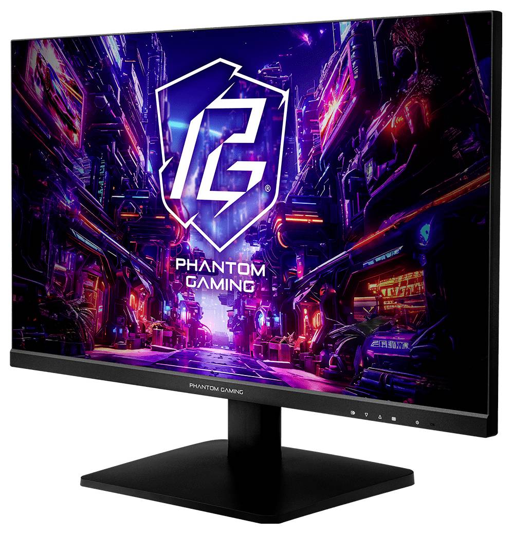 Čierny monitor zobrazujúci neonové futuristické logo mestskej krajiny "PHANTOM GAMING" na stojane, zobrazené na bielom pozadí.