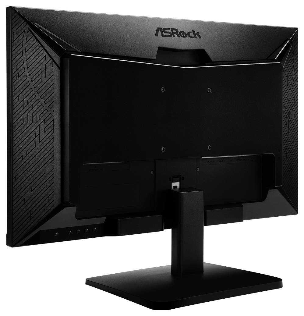Zadný pohľad na čierny počítačový monitor ASRock na stojane, zobrazujúci logo značky a uhlový vzorovaný zadný panel.