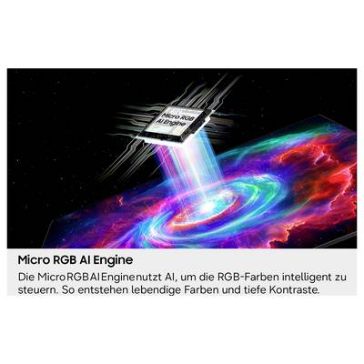 Mikro RGB AI Engine čip emitujúci svetlo na živý farebný displej, ktorý ilustruje farby RGB kontrolované AI pre bohatší kontrast.