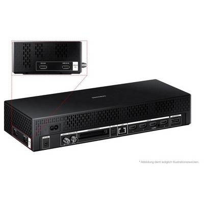 Čierny AV prístroj Panasonic zobrazený v zadnom pohľade s otvormi a viacerými portami vrátane pripojení HDMI, LAN a antény; vložka zvýrazňuje bočné porty.