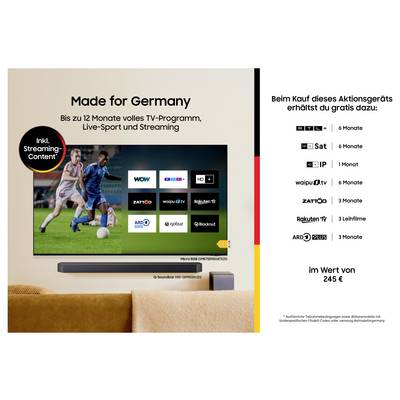 Propagačná grafika pre TV soundbar v Nemecku, zobrazujúca futbalový zápas a dlaždice aplikácií; text hovorí "Made for Germany" s až 12 mesiacmi TV, živého športu a streamovania.