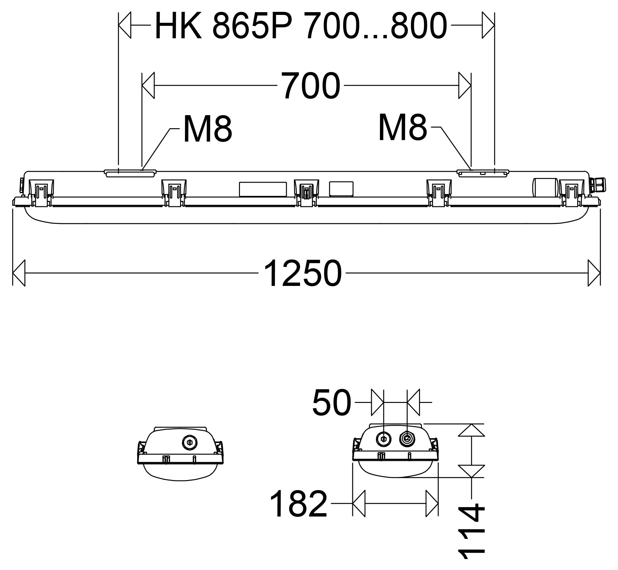 Technický výkres armatúry HK 865P, ktorý zobrazuje celkovú dĺžku 1250 mm, rozpätie montáže 700 mm, montážne body M8 a rozmery pohľadu na koniec 182 x 114 mm.