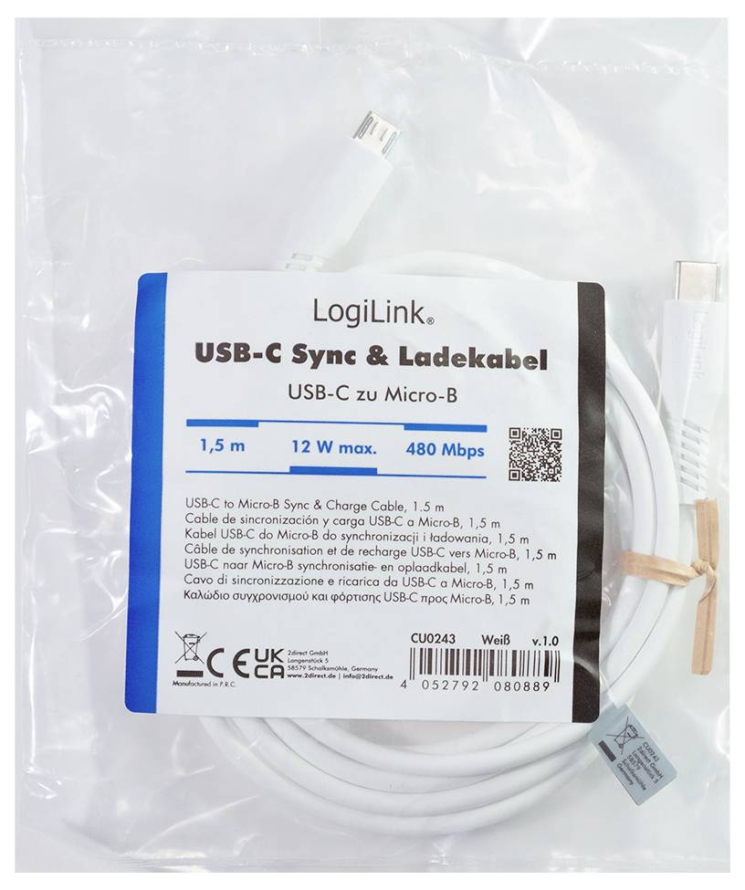 Balený synchronizačný a nabíjací kábel LogiLink USB-C, USB-C na Micro-B, 1,5 m, max 12 W, 480 Mbps.