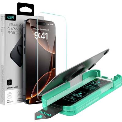ESR Ultra Kalené sklá chránič obrazovky pre iPhone, zobrazené s balením, telefónom a inštalačným podnosom aplikujúcim chránič.
