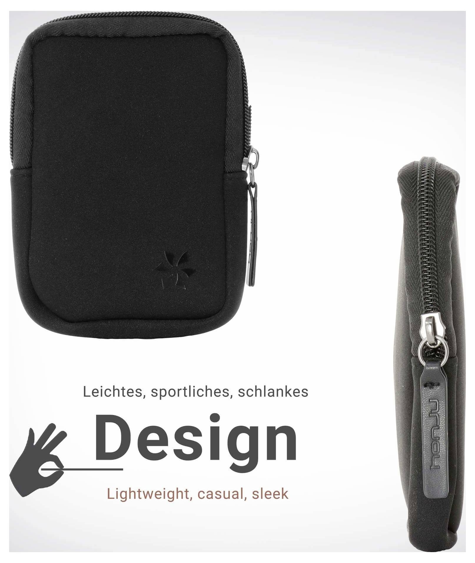 Čierny štíhly puzdro so zipsom zobrazené spredu a zo strany, s textom „Ľahký, sportový, štíhly dizajn" a „Lightweight, casual, sleek".