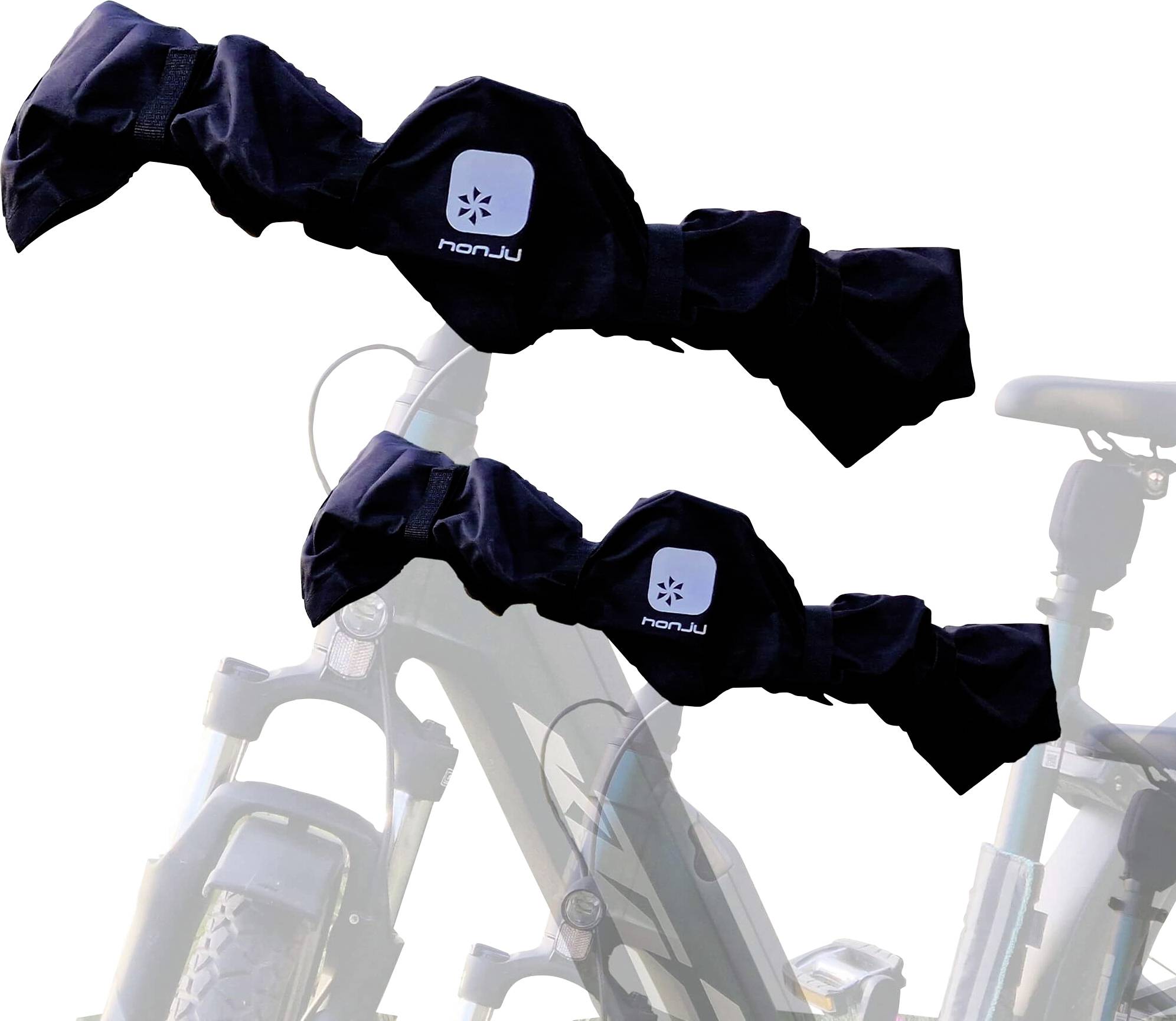 Dva čierne rukavice na riadidlá bicykla s logom „nanU", zobrazené cez slabý obrázok elektrického bicykla v pozadí.