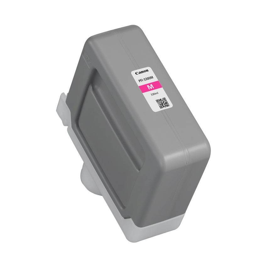 Sivá kazeta s purpurovým atramentom Canon s označením a QR kódom na bielom pozadí.