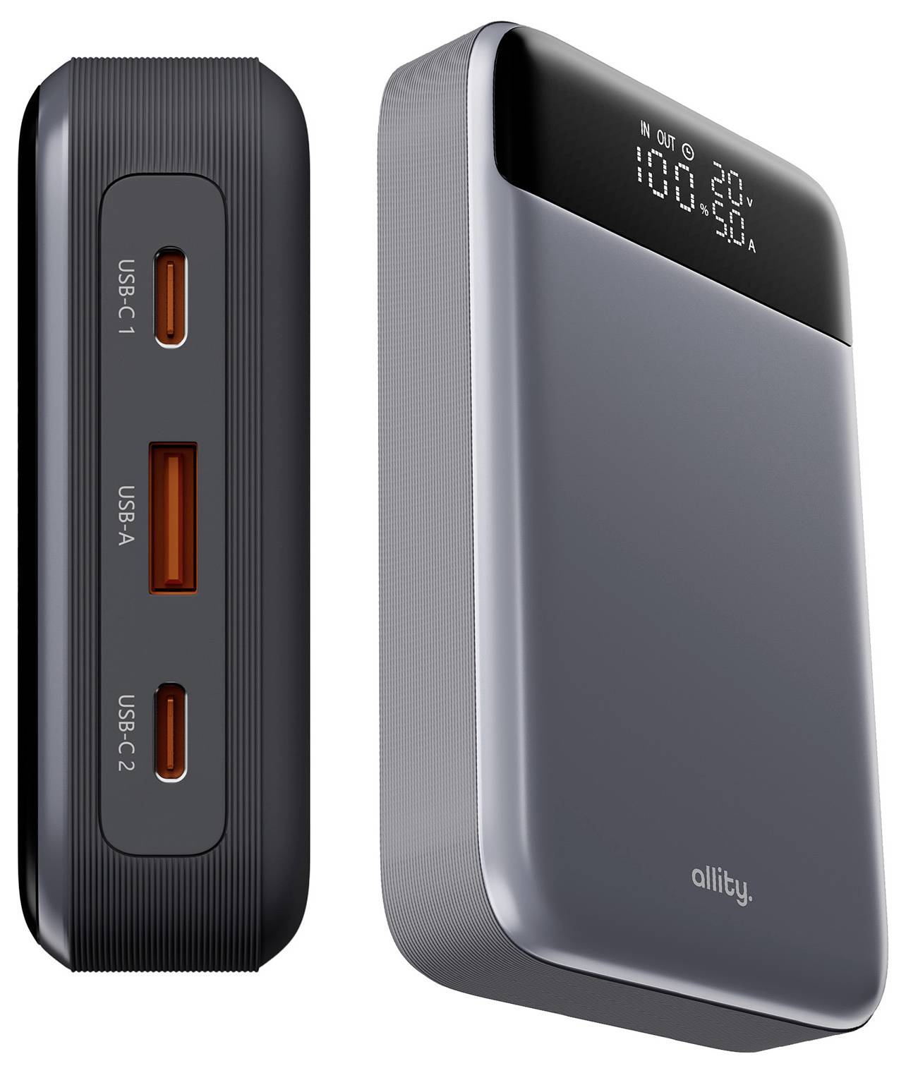 Prenosná batéria zobrazená v prednom a bočnom pohľade s tromi portami USB-C a digitálnym displejom ukazujúcim 100% nabitie.