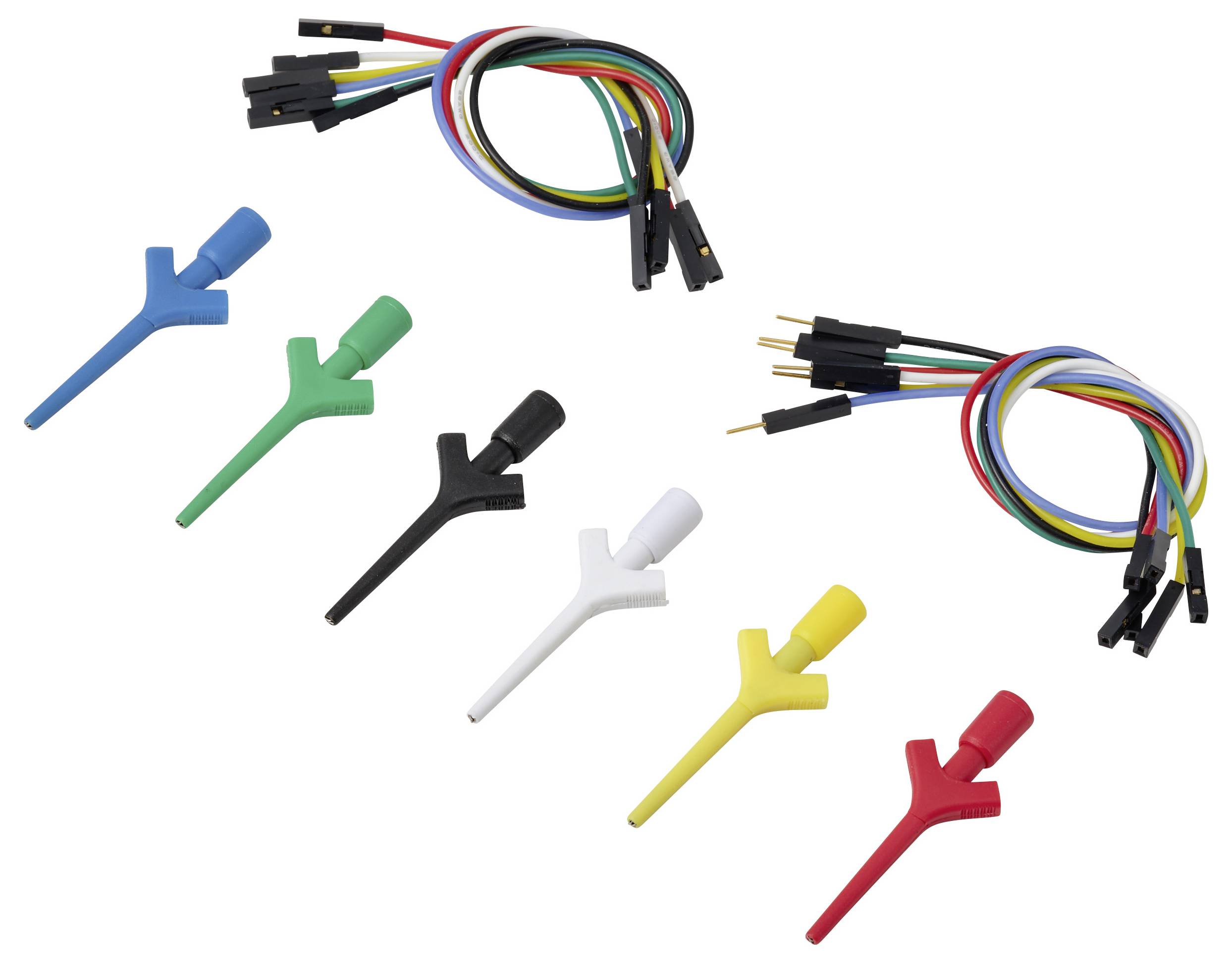 Rozmanité farebne označené elektrickú skokové vodiče s adaptérmi krokodílskych svorek a zodpovedajúcimi držiakmi svorek na bielom pozadí.
