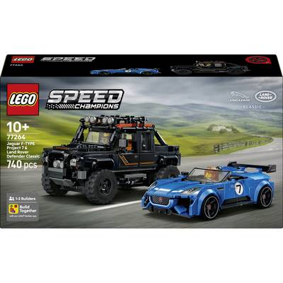 LEGO Speed Champions Jaguar I-Type 7 a Land Rover Classic Defender 90 sada obalu, zobrazujúca modrý pretekársky automobil a čierny terénny vozidlo, 740 dielikov, vek 10+