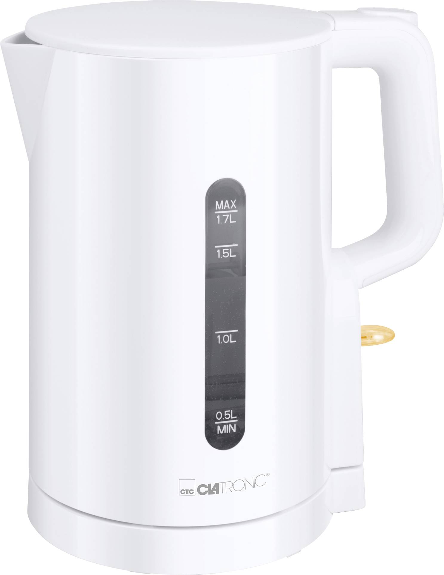 Biela elektrická kanvica s rukoväťou, oknom na hladinu vody označeným MIN 0,5L až MAX 1,7L a logom Clatronic.