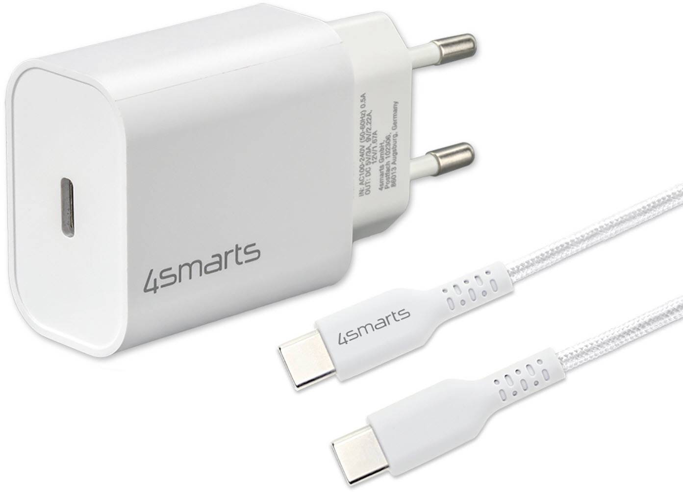 Biela 45-wattová nabíjačka USB-C do zásuvky s dvoma kolíkmi a pletený kábel USB-C zobrazený na bielom pozadí.