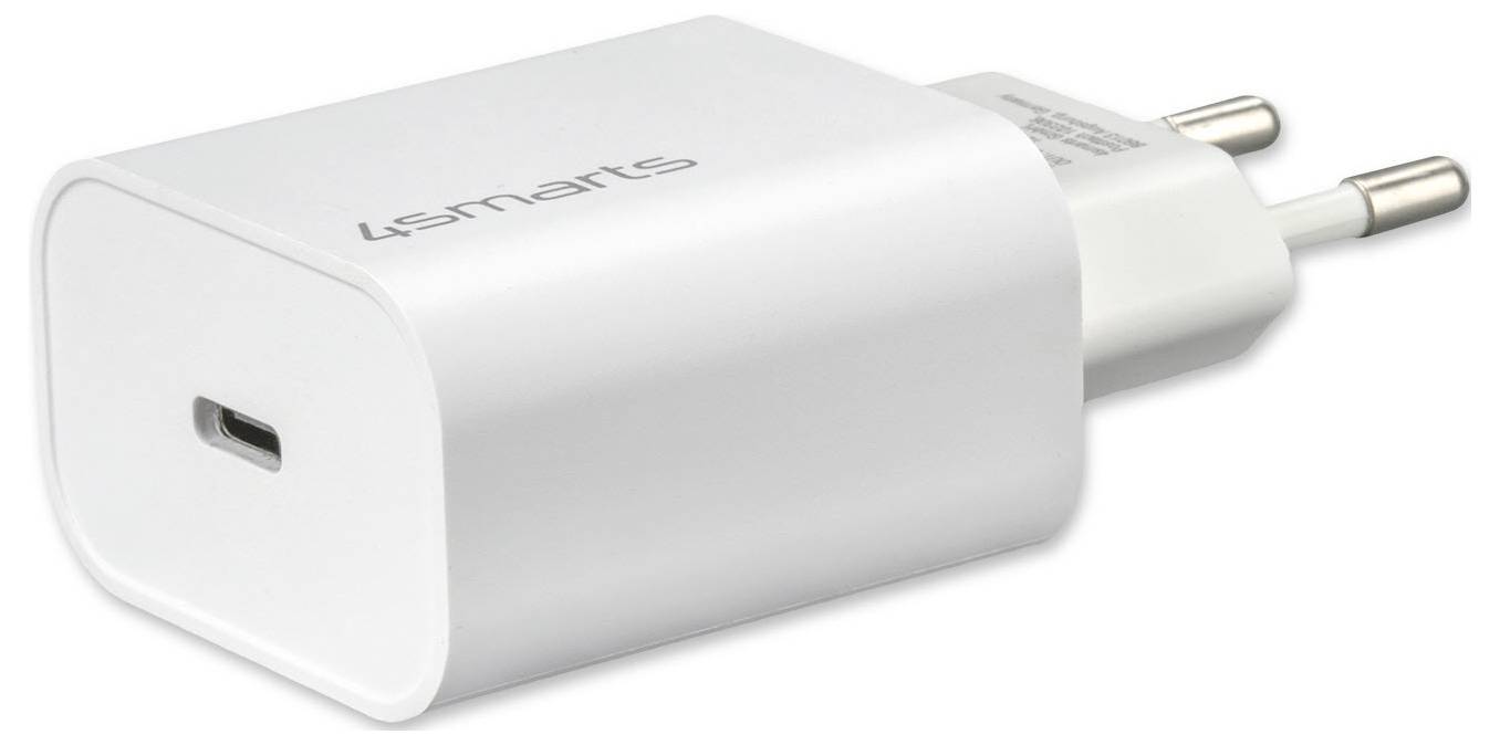 Biely USB-C napájací adaptér na stenu s dvoma okrúhlymi európskymi zástrčkami, zobrazený na bielom pozadí.