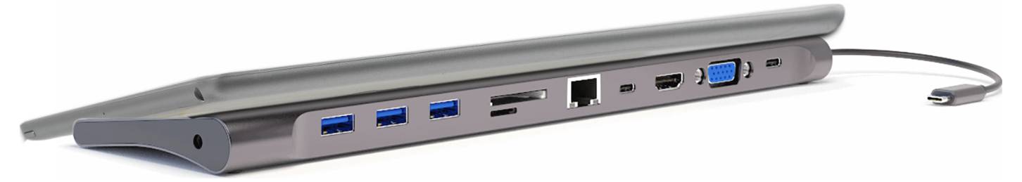 Bočný pohľad na tenký notebook s viacerými portami na hrane vrátane USB, HDMI, Ethernetu, audio a napájacích konektorov.