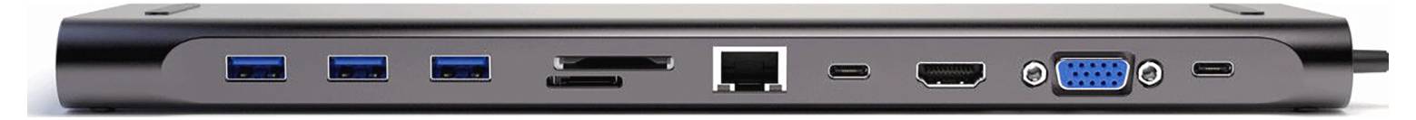 Bočný pohľad na notebook s portmi na ľavej a pravej strane: USB-A, zdržiavač SD karty, HDMI, Ethernet, audio zásuvka a VGA/display konektory.