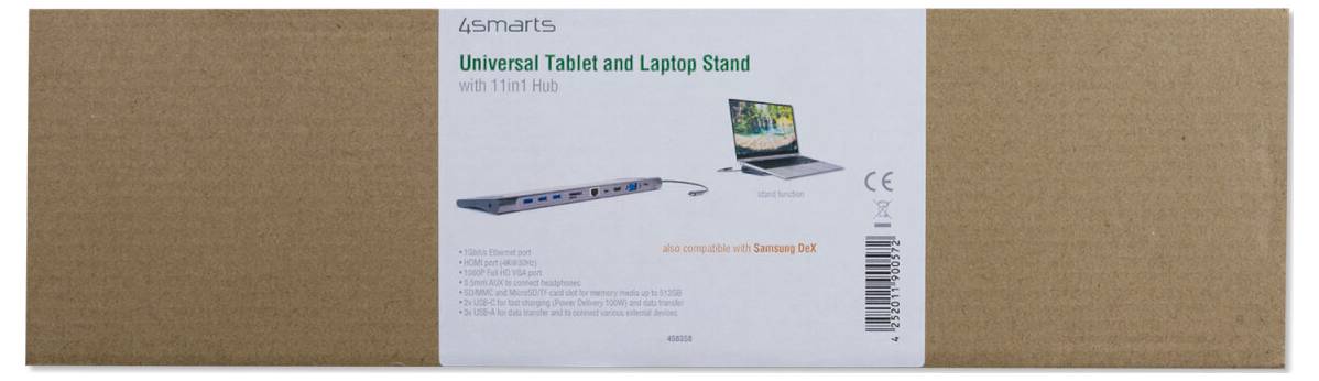 Produktová krabica pre univerzálny stojan na tablet a notebook s 11v1 hubom, zobrazujúca stojan, pripojený notebook a USB porty na balení.
