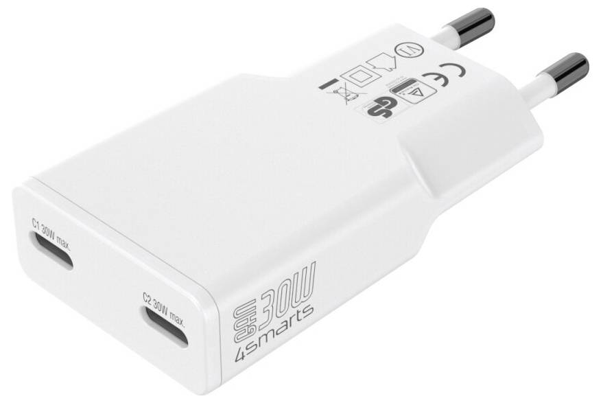 Biely dvojportový USB-C nástenný nabíjač označený "30W 4smarts" so skladacím zástrčkou