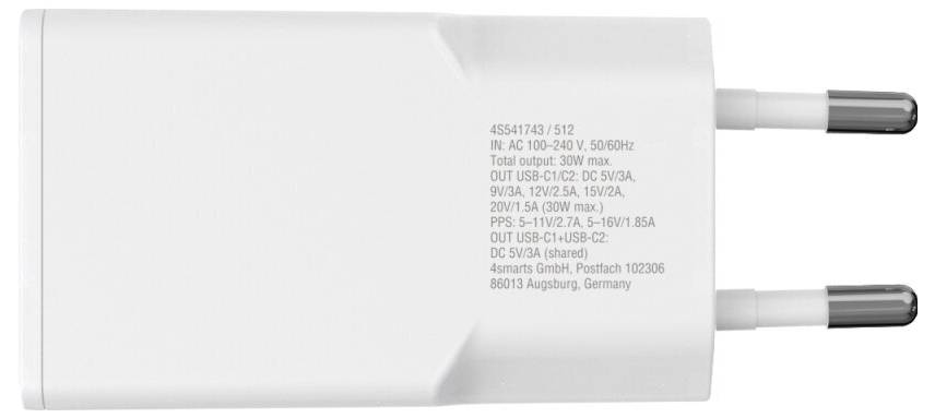 Biely USB nástennný nabíjač s dvoma guľatými európskymi zástrčkami a vytlačenými špecifikáciami výkonu na boku.