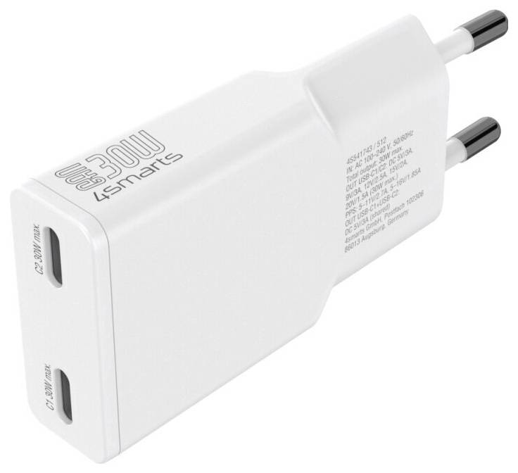 Biely 30W USB-C nabíjač 4smarts na stenu s dvoma portami USB-C a dvojpólym EU zástrčkou, zobrazený na bielom pozadí.