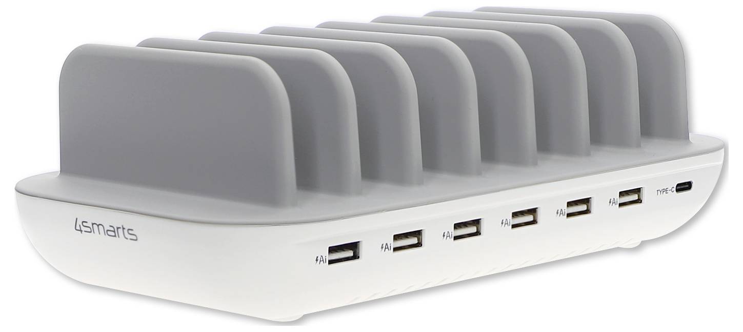 Biela viacslotová USB nabíjacia stanica s drží viacerých zariadení s radom čelných USB portov a stavovými indikátormi