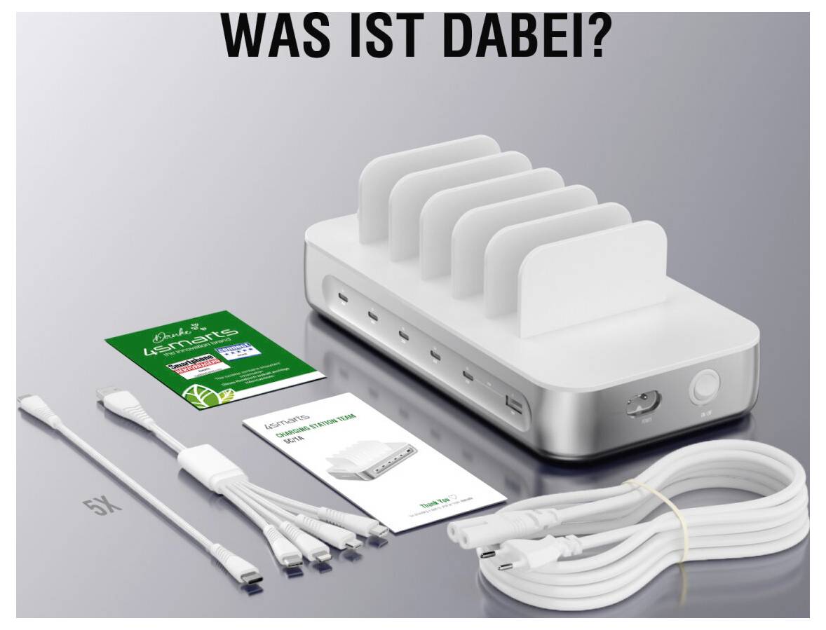 Produktový obsah obrázka zobrazujúci biely USB hub/dokovací prístroj s viackými kábľami a adaptérmi, označený 'ČO JE V BALENÍ?' a 'Obsah dodávky'