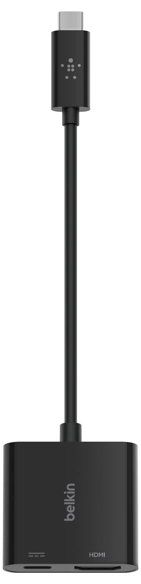 Vertikálny adaptér Belkin HDMI s krátkym kablom, zobrazujúci kompaktný čierny konektor a zástrčku označenú „HDMI" na bielom pozadí.