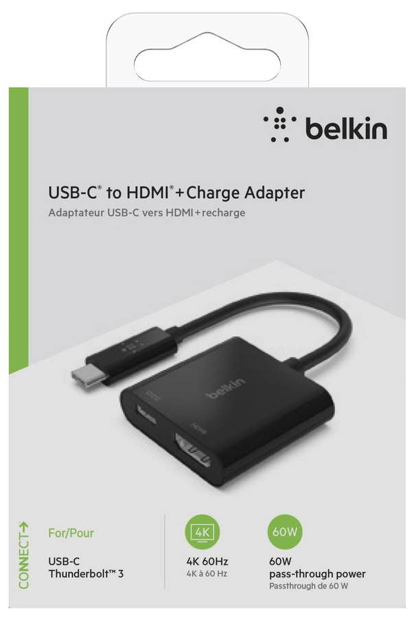 Belkin USB-C na HDMI a nabíjací adaptér, balenie zobrazujúce 4K 60Hz, 60W priepustný донгл pre USB-C Thunderbolt 3.