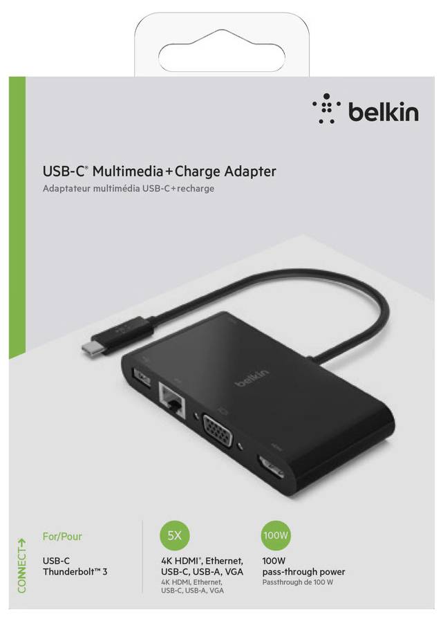 Balík adaptéra Belkin USB-C Multimedia + Charge s čiernym adaptérom s podporou USB-C, HDMI, Ethernetu, VGA a priechodného napájania.
