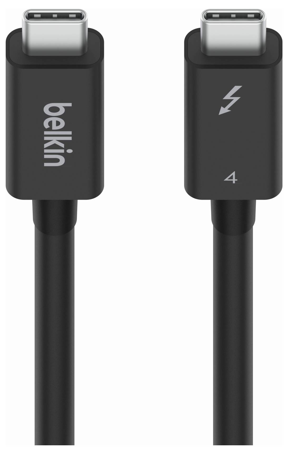 Čierny kábel Belkin USB-C zobrazený z oboch strán, s logom Belkin na jednom konektore a bleskom a číslicou „4" na druhom.