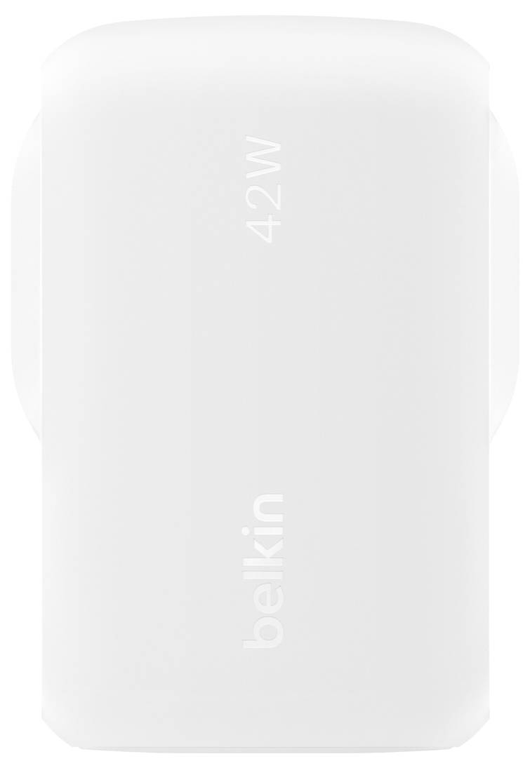 Biely nástavec Belkin 42W na stenu s dvomi viditeľnými portmi USB-C, zobrazený z predného pohľadu na jednoduchom pozadí.