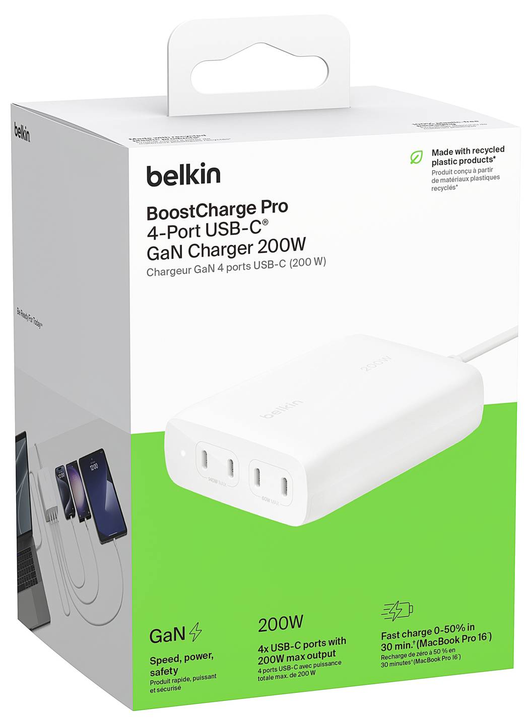 Belkin BoostCharge Pro 4-portová USB-C nabíjačka GaN 200W v krabici s nálepkou z recyklovaného plastu a obrázkom nabíjačky na prednej strane.