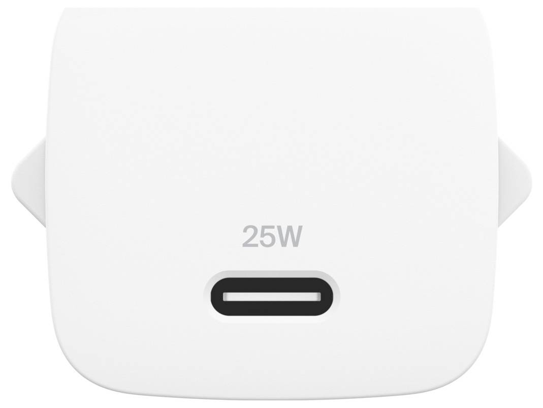 Biely 25W USB-C napájací adaptér s jedným nabíjacím portom na prednej strane.