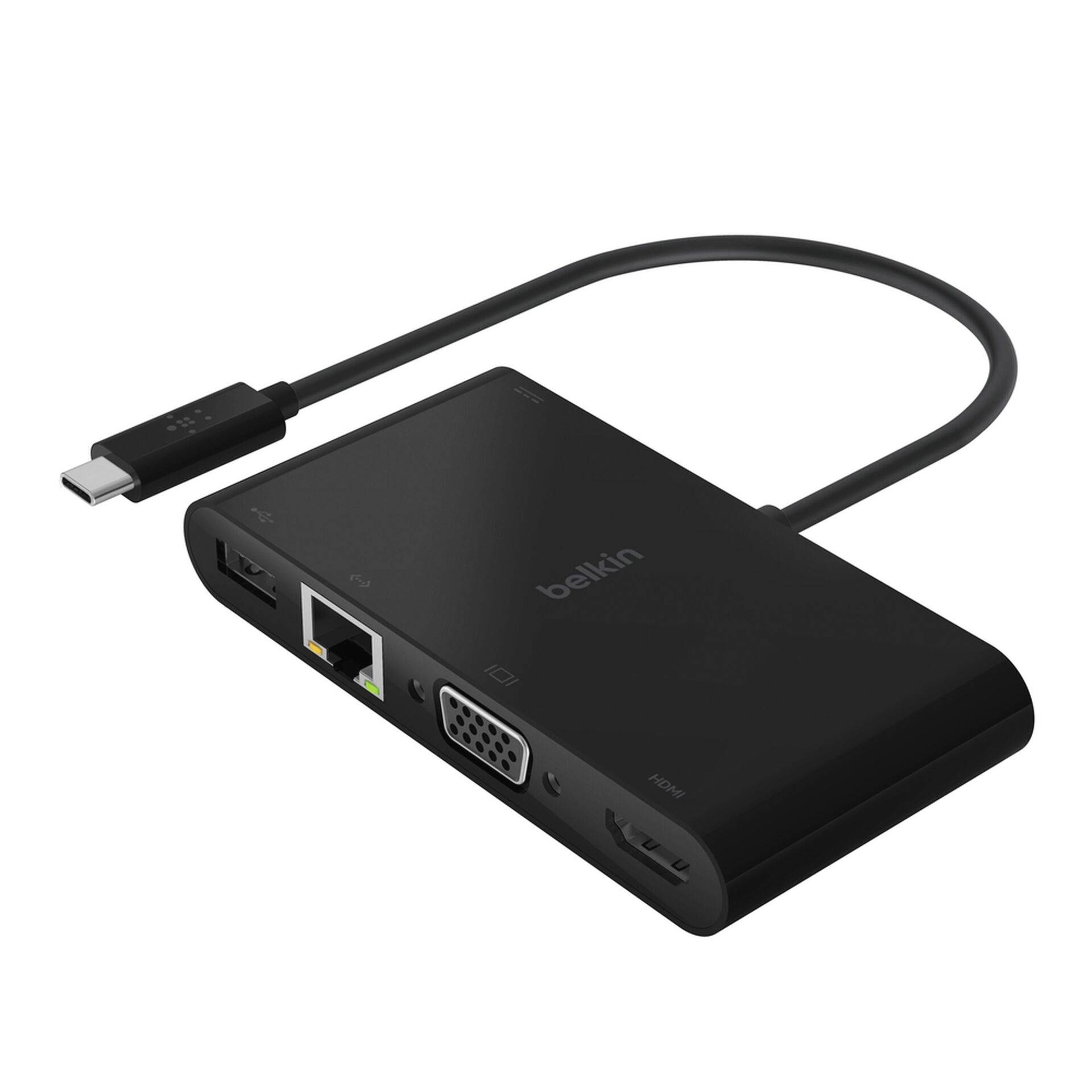 Čierny USB-C hub s pripojeným kabelom, s portami USB-A, Ethernet, VGA a HDMI.