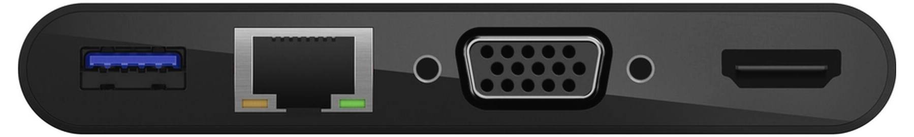 Zadný pohľad zariadenia s portami: USB-A, Ethernet, VGA a HDMI.
