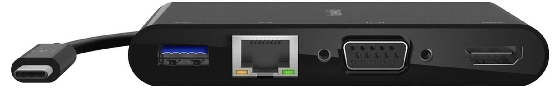 Zväčšenie čierneho hubu/dokovej stanice zobrazujúce štyri porty: USB-C, USB-A, Ethernet, VGA a HDMI.