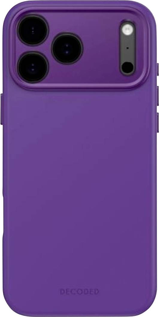 Purpurový kryt smartfónu so zdvihnutými výrezmi na fotoaparát, zobrazený zozadu na jednoduchom pozadí.