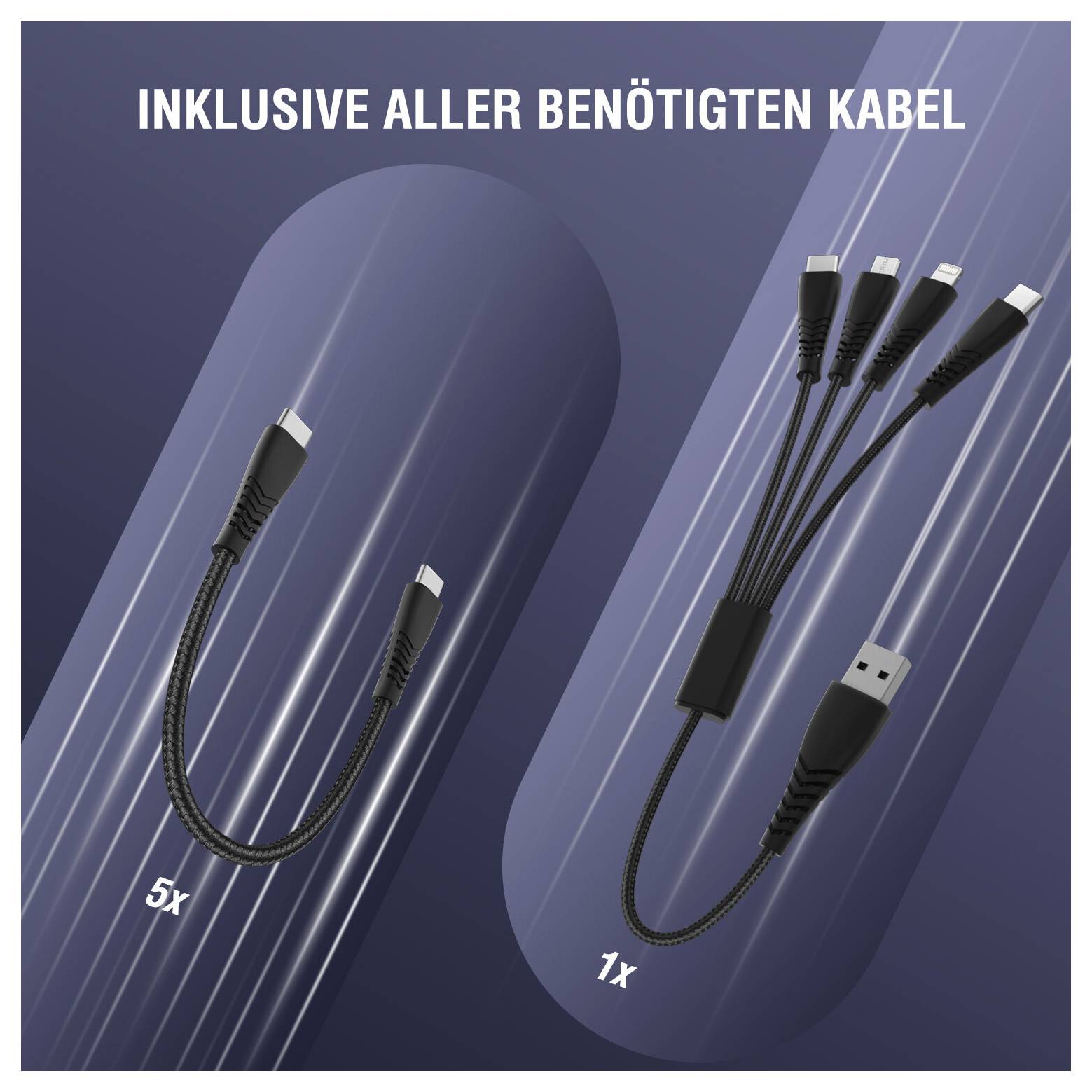 Grafika zobrazujúca zahrnuté káble: jeden 5-v-1 kábel a jeden 1-v-4 USB kábel, s nemeckým textom „INKLUSIVE ALLER BENÖTIGTEN KABEL".