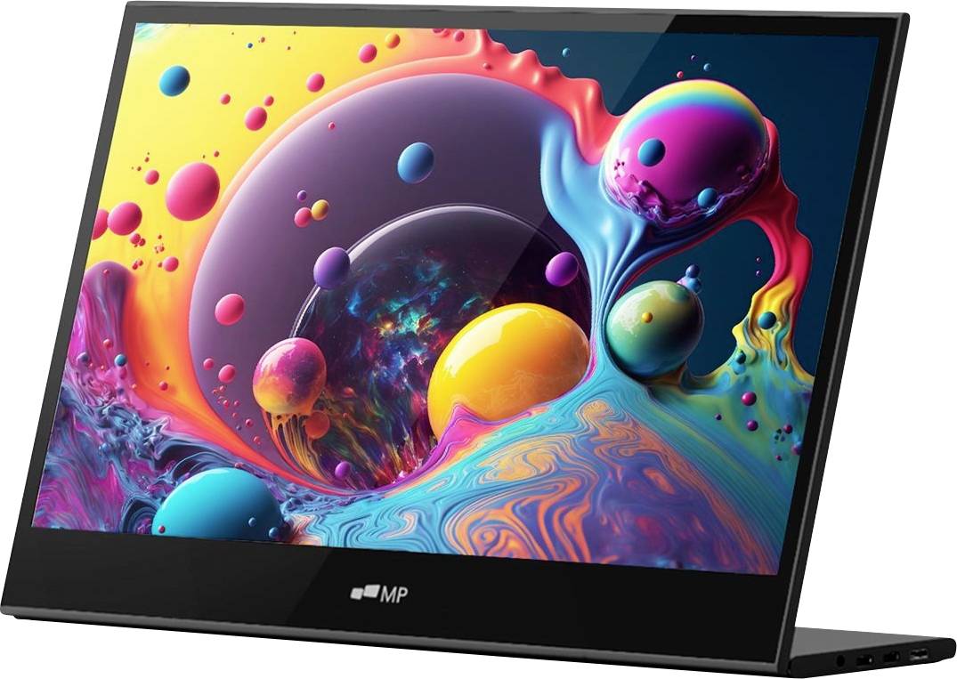 Čierny stolný monitor HP zobrazujúci živú abstraktnú tapetu s farebnými plávajúcimi guľami a kvapalinám podobnými vírmi.