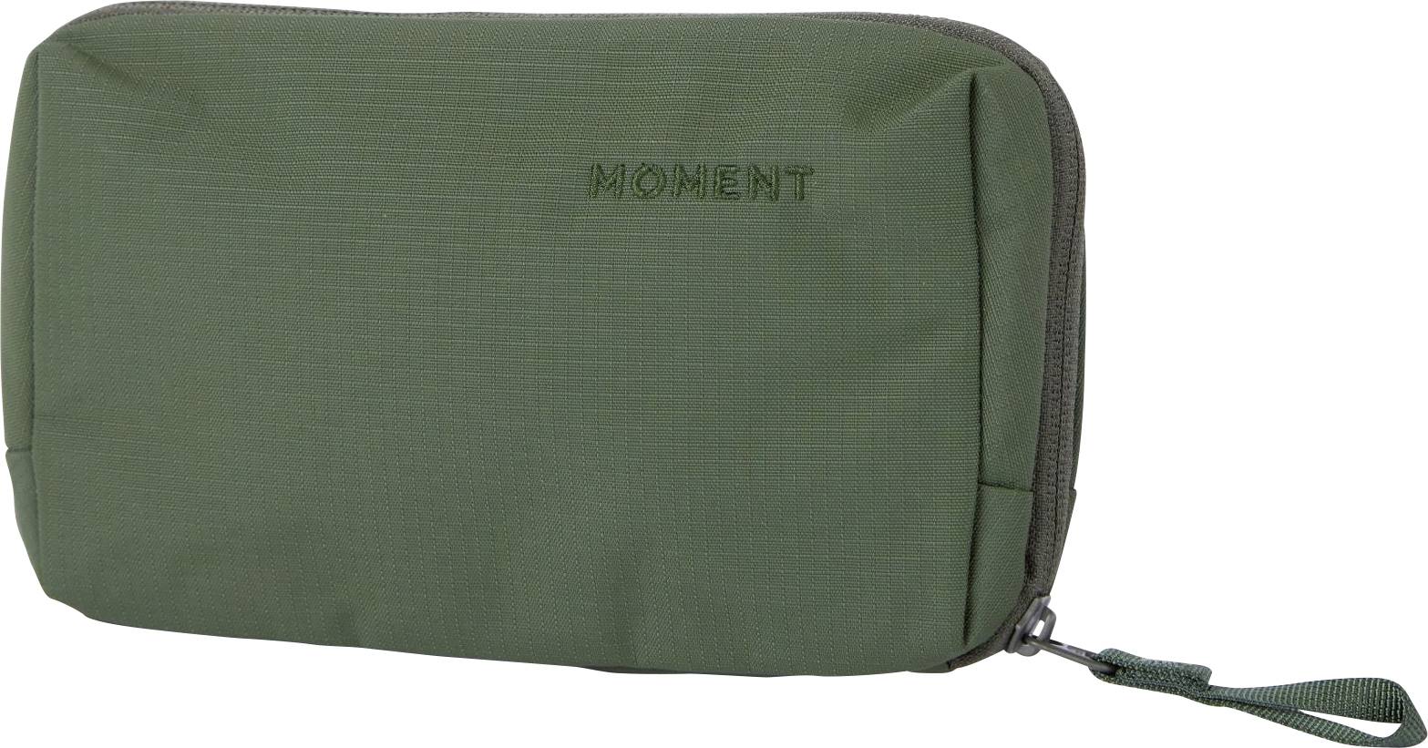 Olivovo zelená toaletná taška so zipsom, remienkom na zápästie a logom „MOMENT".