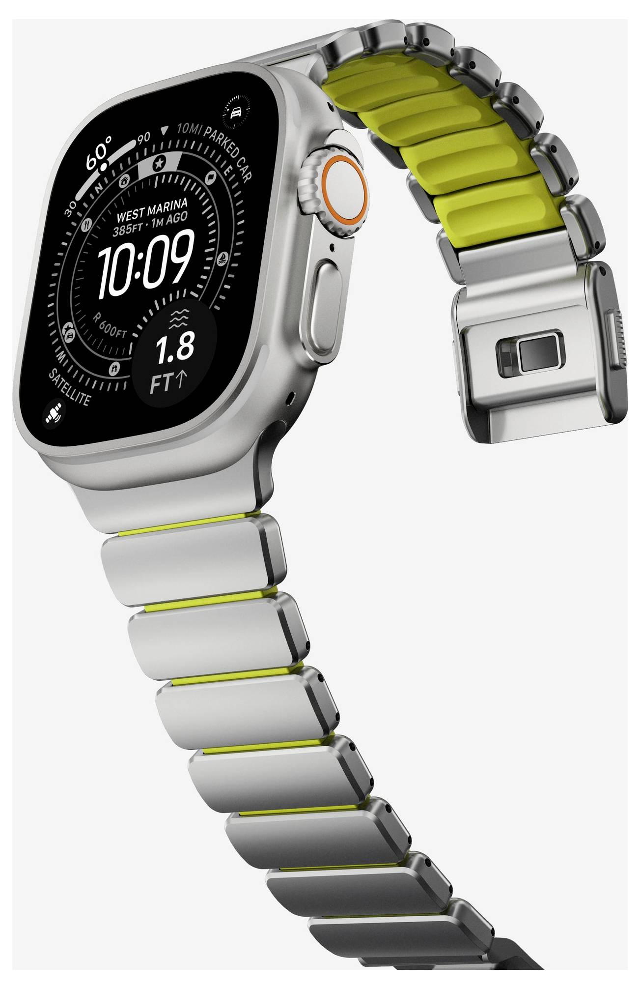 Apple Watch so strieborným kovovým páskom, zobrazený v pohľade pod uhlom na bielom pozadí; displej zobrazuje 10:09 a informácie v štýle GPS/navigácie.