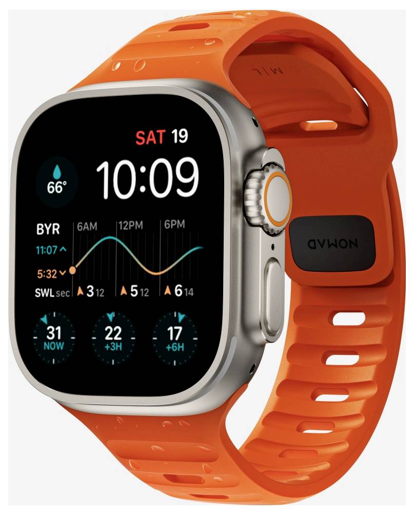 Oranžové Apple Watch Ultra zobrazujúce počasie, čas 10:09, dátum SAT 19 a komplikácie prílivu/fitness na displeji.