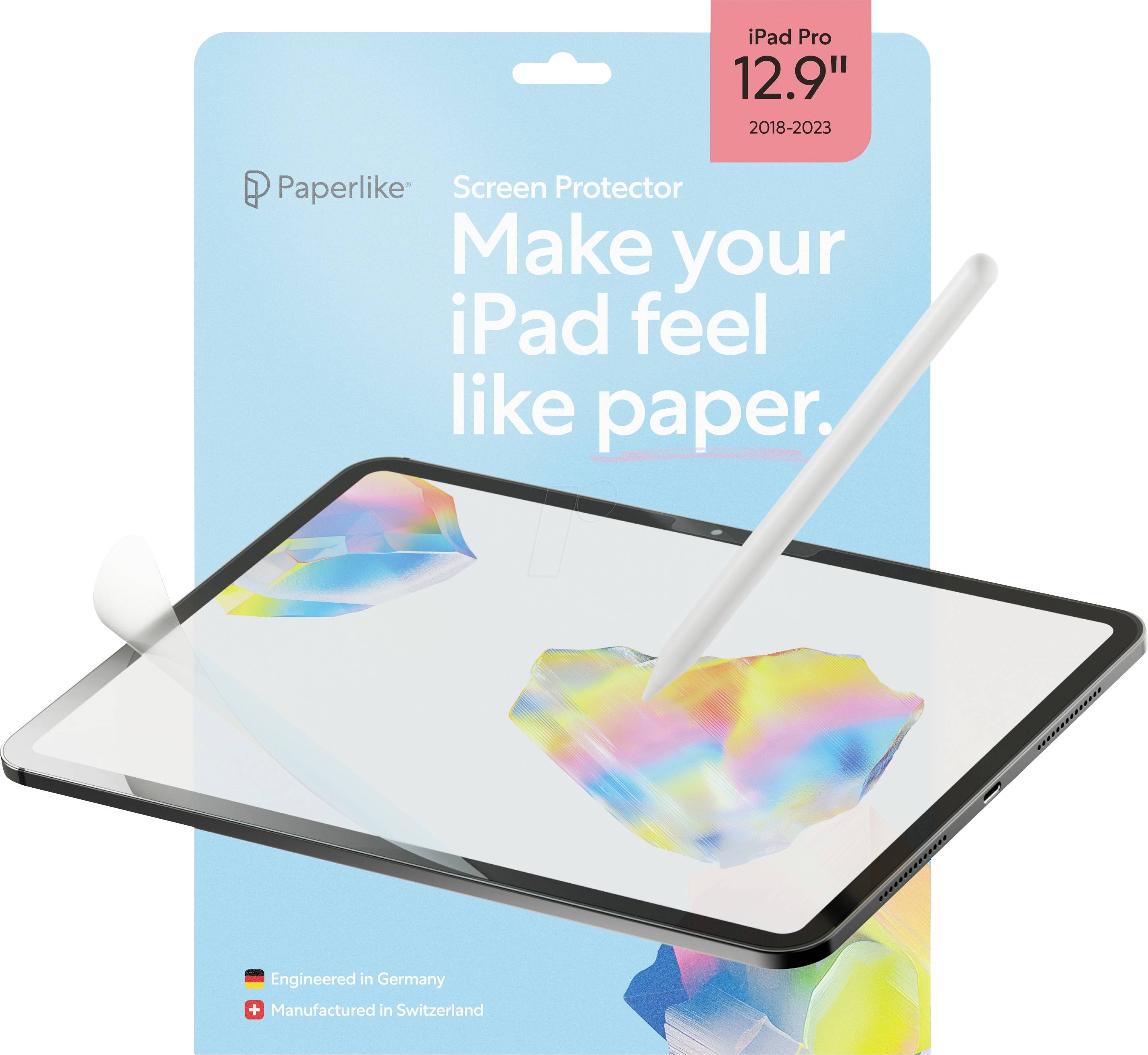 Paperlike ochranné sklo na displej so zobrazením iPad Pro 12,9" (2018-2023) a stylusu, s sloganom "Urobte si zo svojho iPad papier."