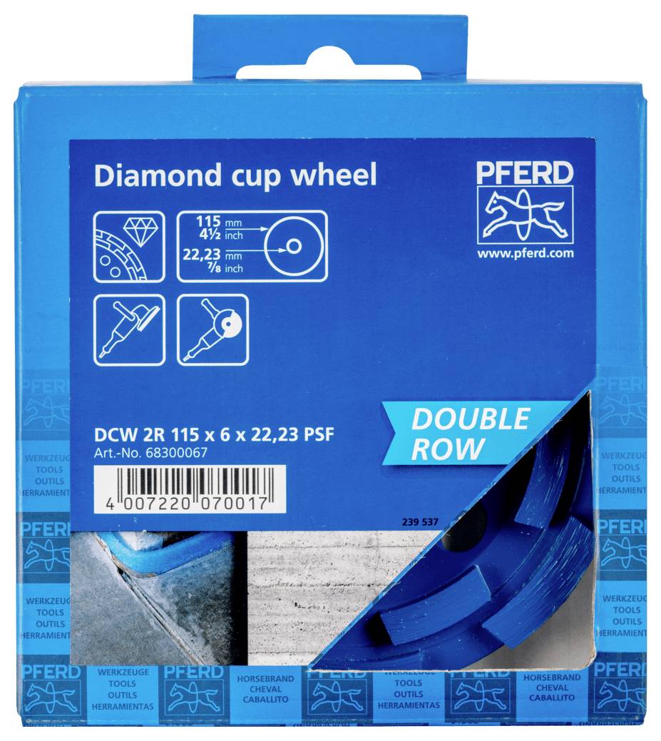 Modrý obal PFERD na "Diamond cup wheel" náradie, označený ako "DOUBLE ROW" a "DCW 2R 115 x 6 x 22,23 PSF" s obrázkom produktu a čiarovým kódom.