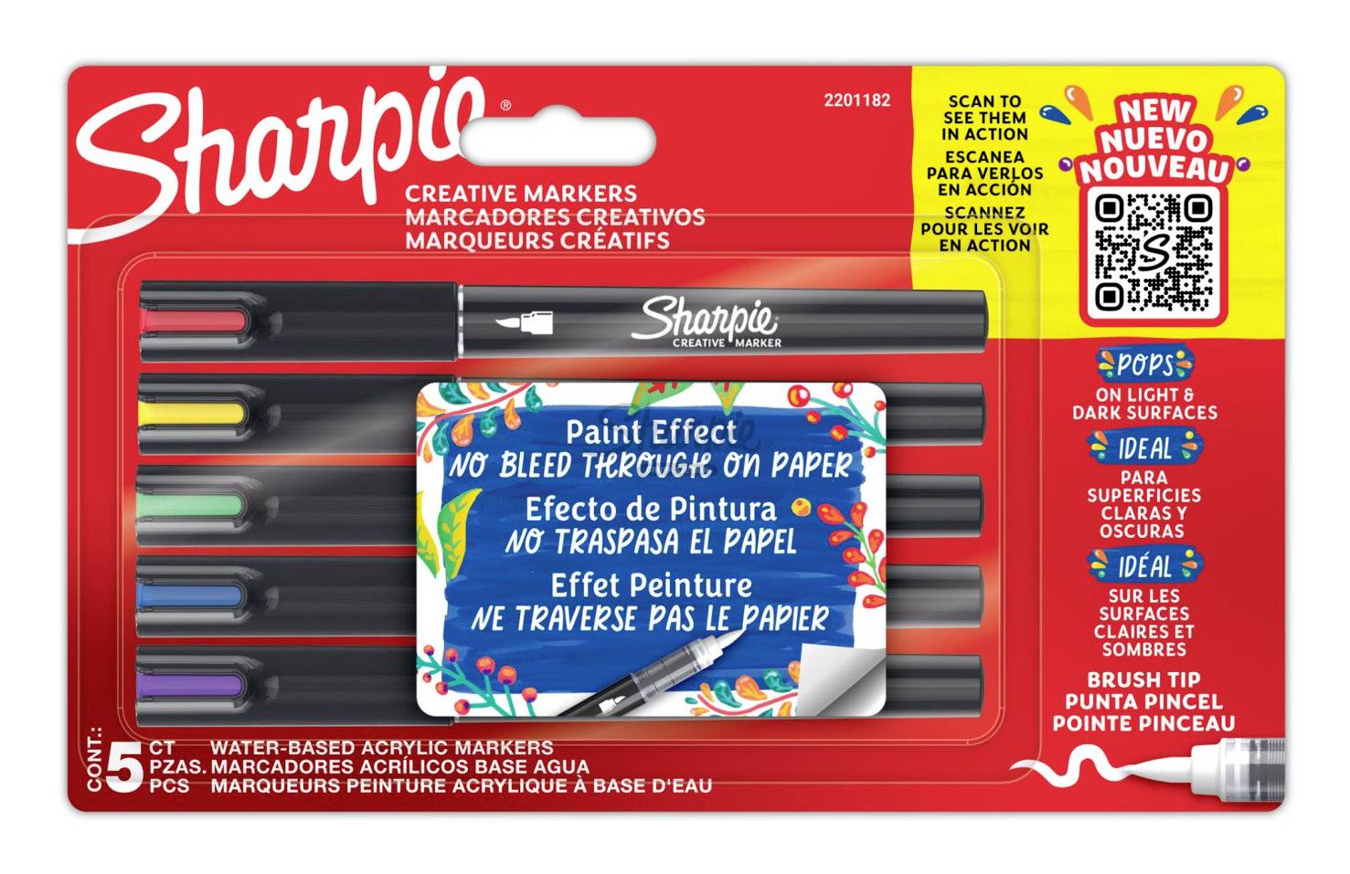 Sharpie Kreatívne značkovače 5-balenie v červenom balení, zobrazujúce päť farieb a "Paint Effect" bez presiakania na papier.